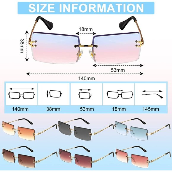 New 8 Sets Rimless Rectangle Sunglasses Vintage Transparent Rectangle Gl… main image 6